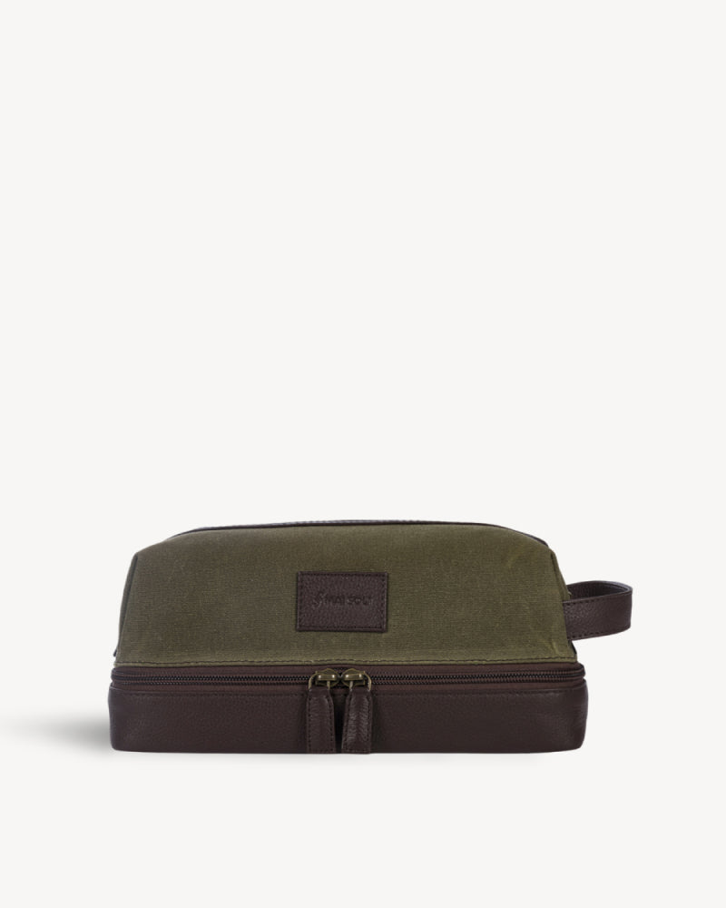 Waxed Canvas & Leather Toiletry Bag - Moss Green / Brown