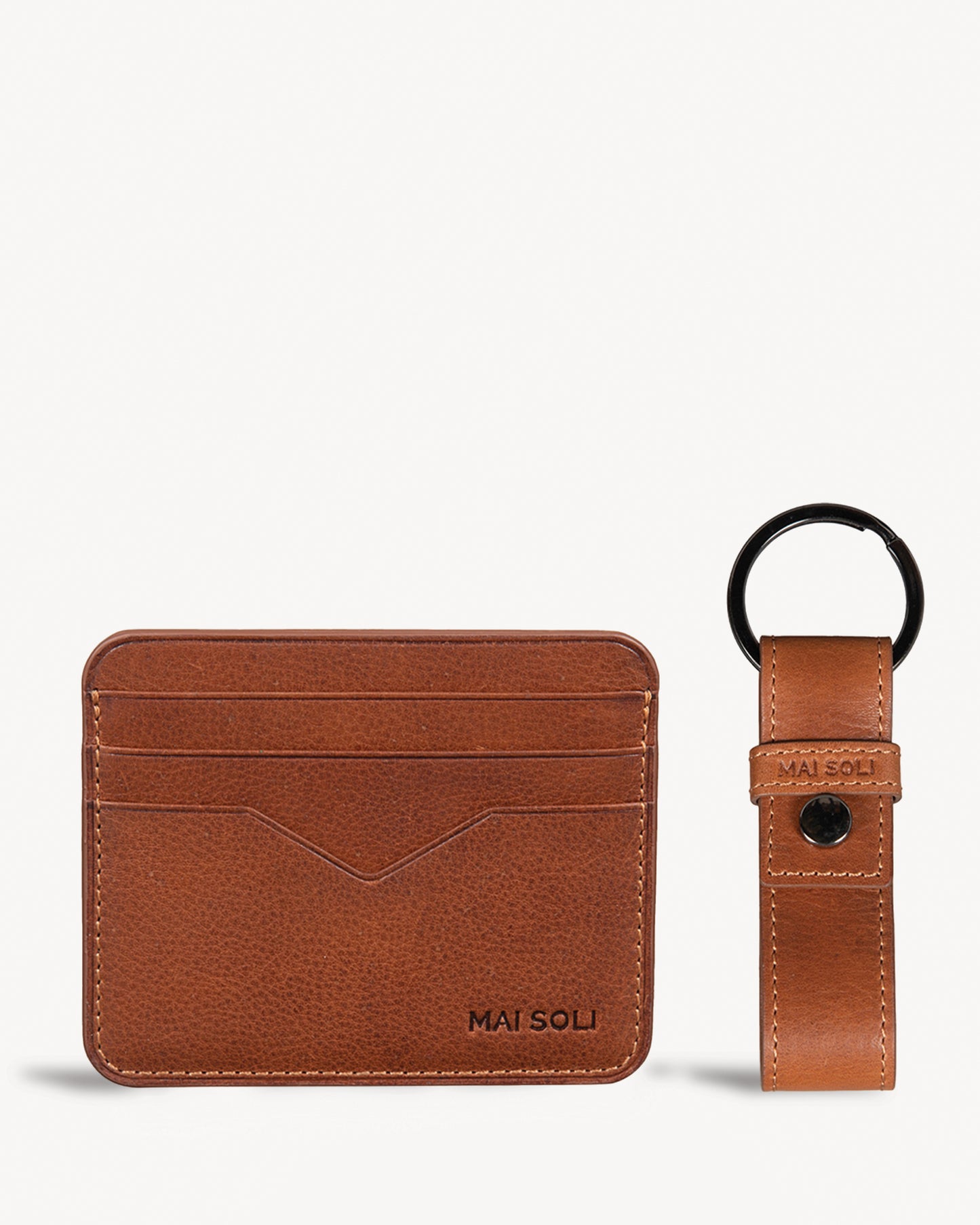 Leather Card Holder + Leather Key Ring Gift set - Tan