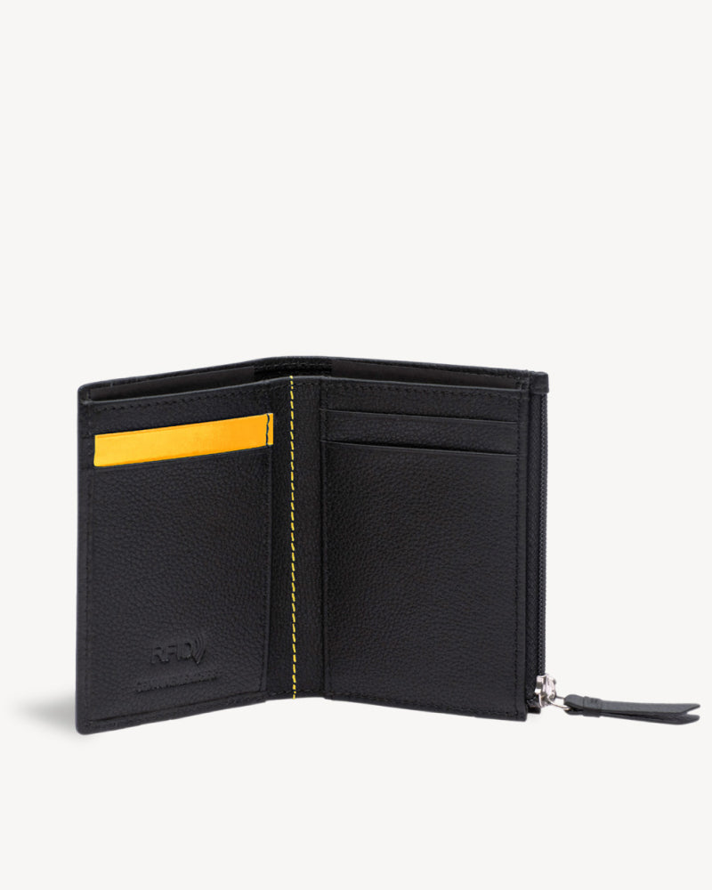 Neo Leather Two Fold Wallet with zip pocket - Black / Yellow