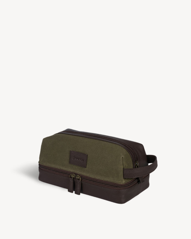 Waxed Canvas & Leather Toiletry Bag - Moss Green / Brown