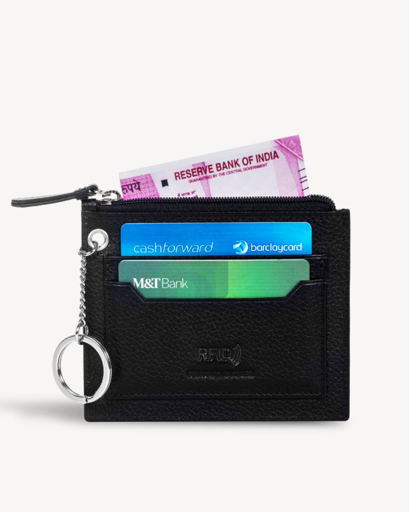 Gusty RFID Protected Leather Wallet with Key Ring - Black