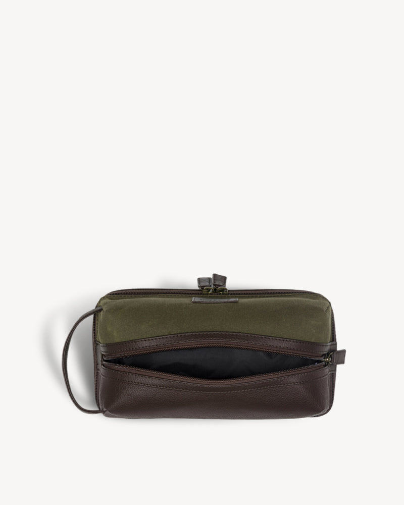 Waxed Canvas & Leather Toiletry Bag - Moss Green / Brown