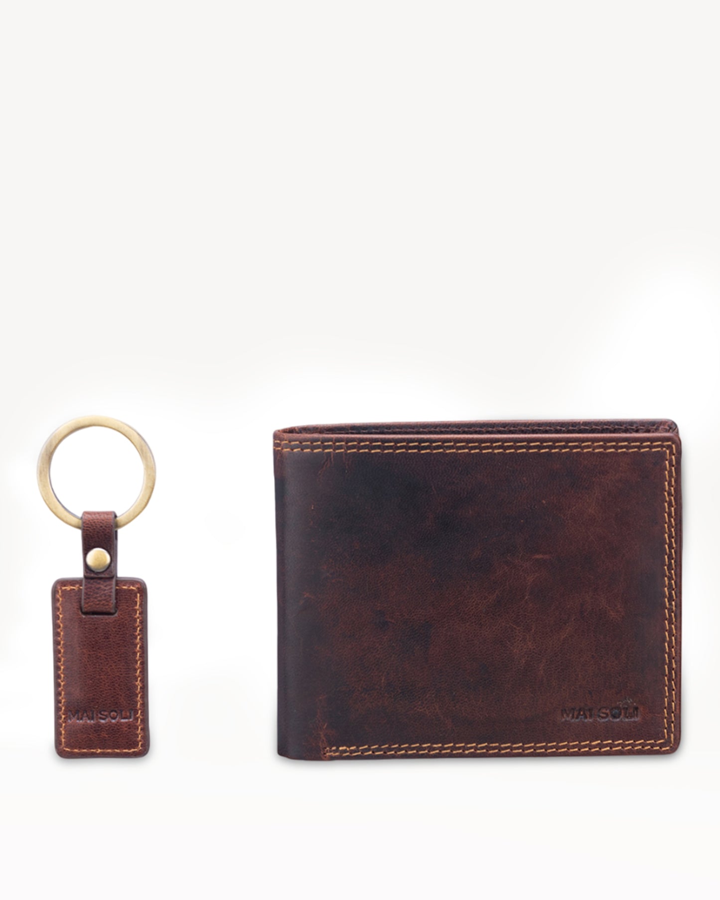 Dark Vintage Bi-Fold Wallet + Key Ring Gift Set- Brown