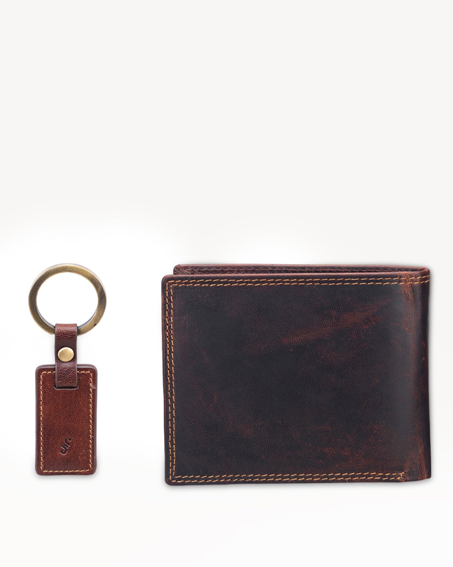 Dark Vintage Bi-Fold Wallet + Key Ring Gift Set- Brown