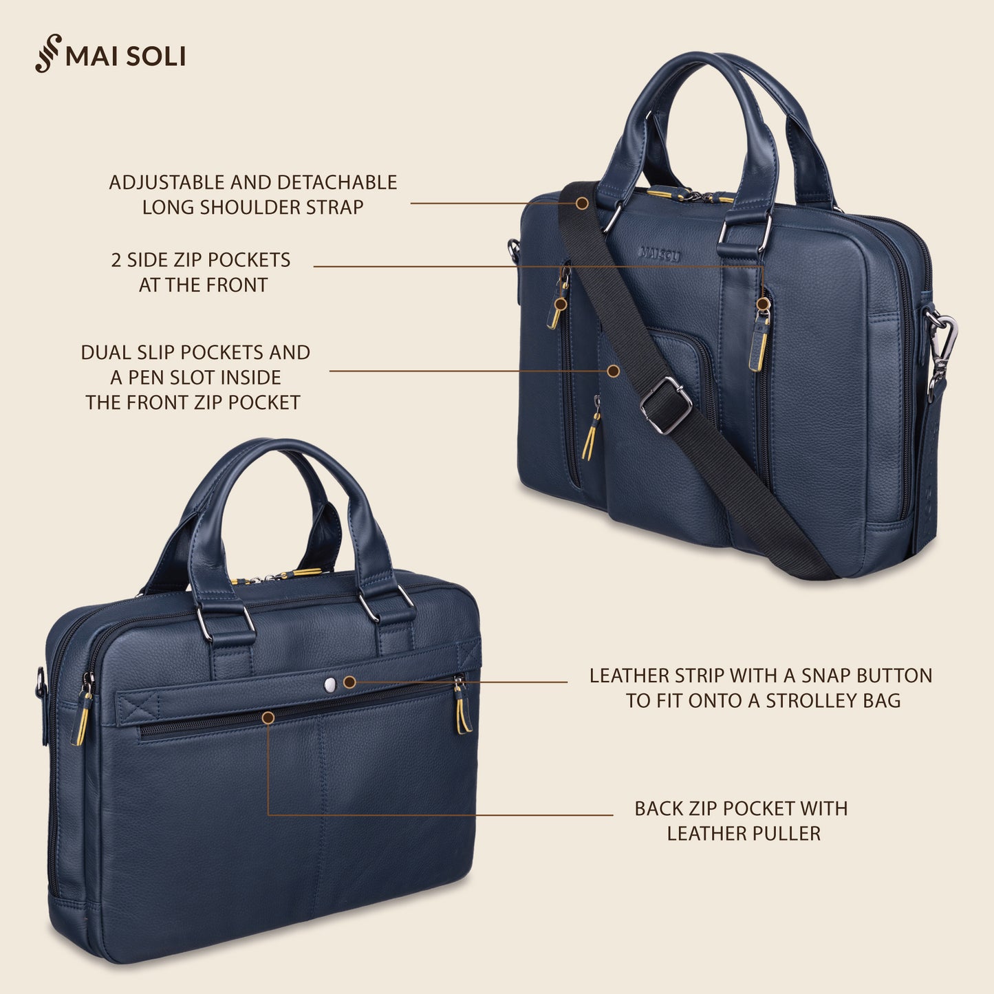 Chester Double Zip Laptop Bag - Navy Blue
