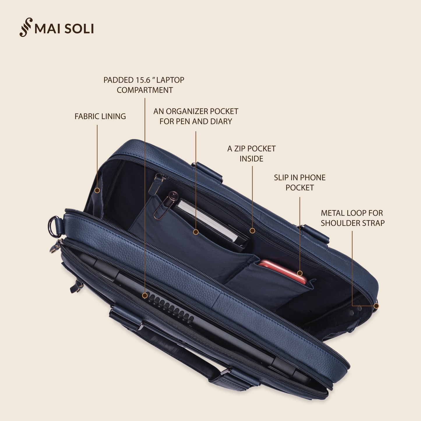 Chester Double Zip Laptop Bag - Navy Blue