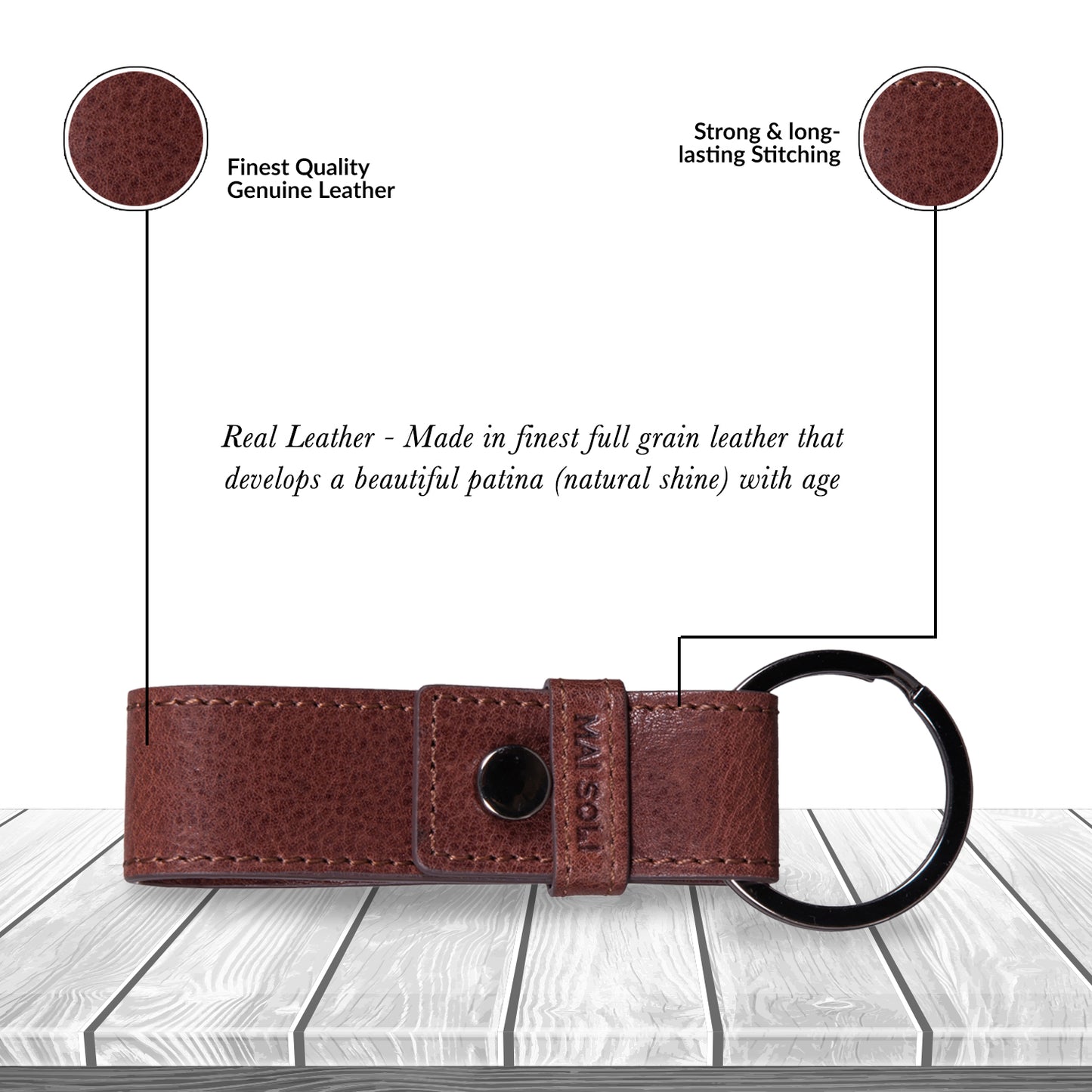 Cleo Leather Metal Key Ring - Brown
