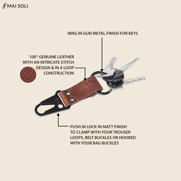 Rover Leather Metal Key Ring - Brown