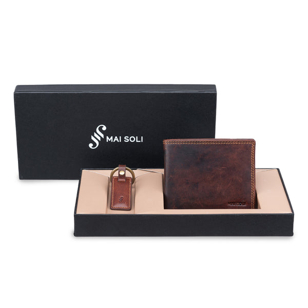 Dark Vintage Leather RFID Protected Bifold Wallet with Key Ring - Brown