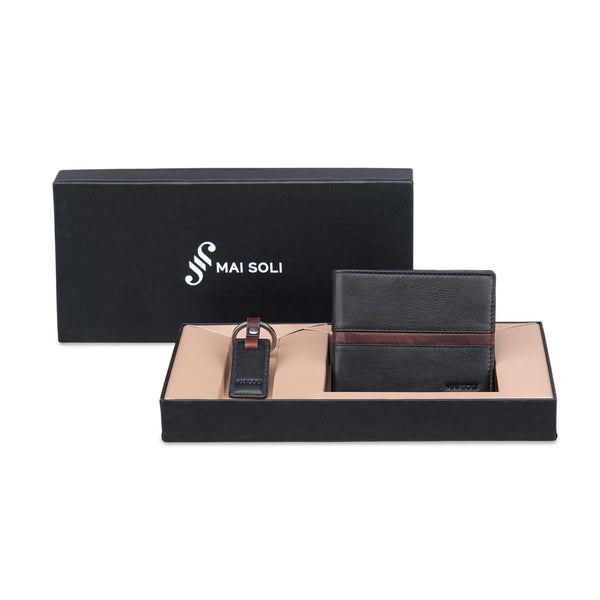 RFID Protected Pilot Bi-fold Leather Men's Wallet with Key Ring, Classy Gift Box - Black & Brown