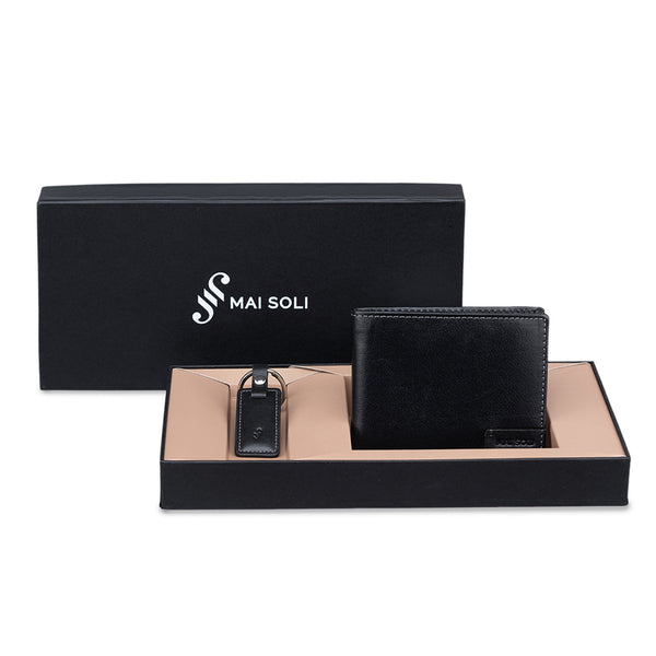 RFID Protected Pilot Bi-fold Leather Men's Wallet with Key Ring, Classy Gift Box & 6 Credit Card Holder- Black