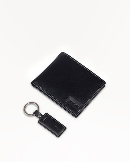 RFID Protected Pilot Bi-fold Leather Men's Wallet with Key Ring, Classy Gift Box & 6 Credit Card Holder- Black