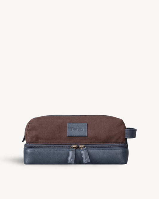 Canvas & Leather Large Toiletry Bag - Navy / Brown