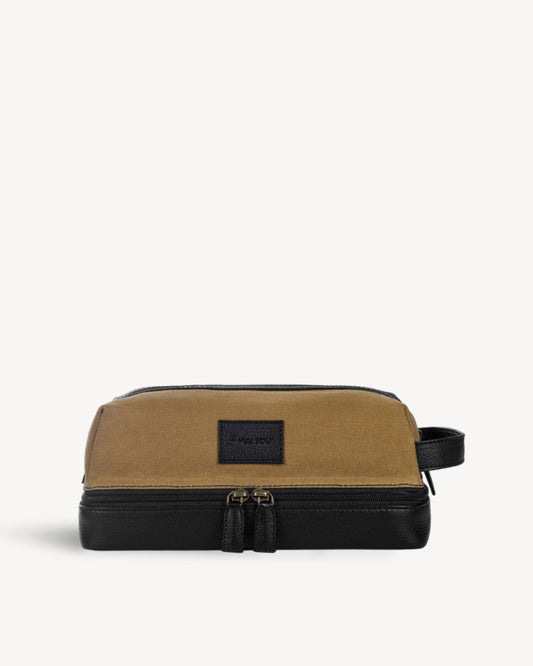 Waxed Canvas & Leather Toiletry Bag - Khaki / Black