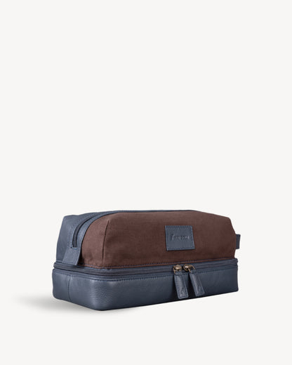 Canvas & Leather Large Toiletry Bag - Navy / Brown