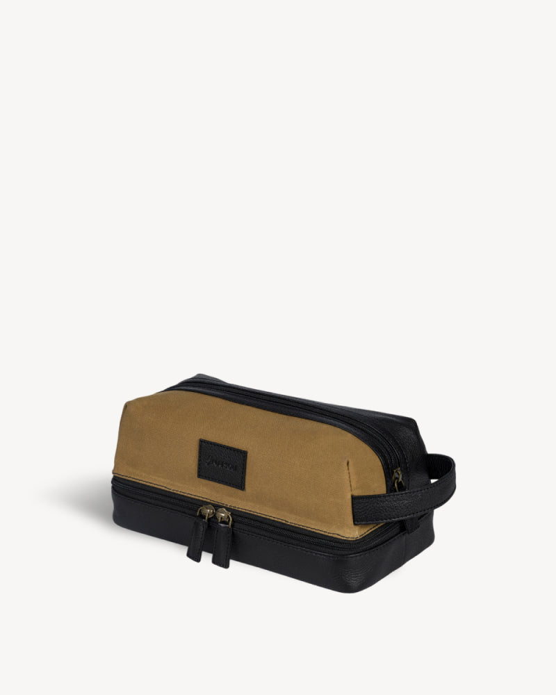 Waxed Canvas & Leather Toiletry Bag - Khaki / Black