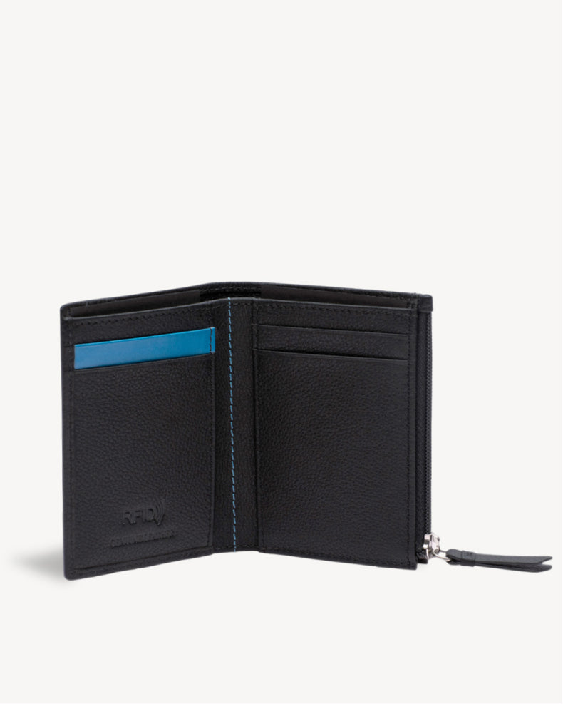 Neo Leather Two Fold Wallet with zip pocket - Black / Blue