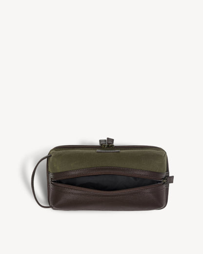 Waxed Canvas & Leather Toiletry Bag - Moss Green / Brown