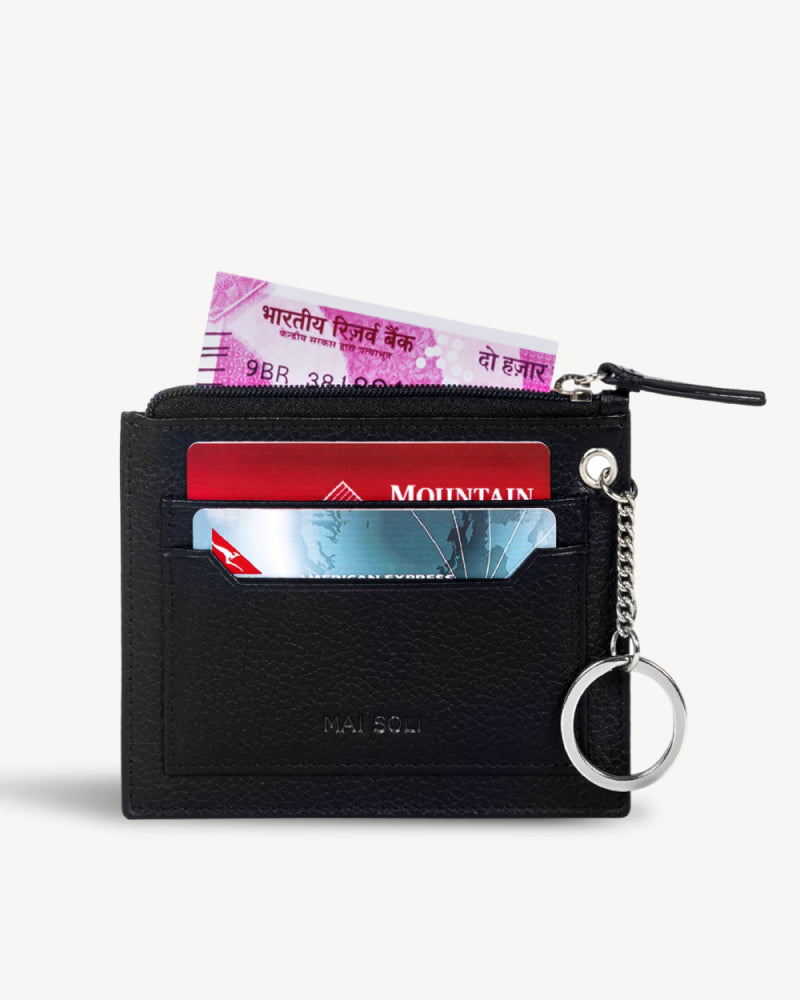 Gusty RFID Protected Leather Wallet with Key Ring - Black