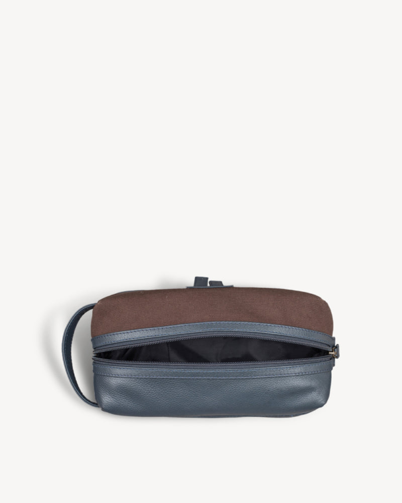 Canvas & Leather Large Toiletry Bag - Navy / Brown