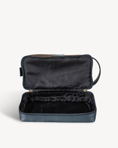 Canvas & Leather Large Toiletry Bag - Navy / Brown