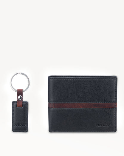 RFID Protected Pilot Bi-fold Leather Men's Wallet with Key Ring, Classy Gift Box - Black & Brown