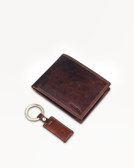 Dark Vintage Leather RFID Protected Bifold Wallet with Key Ring - Brown