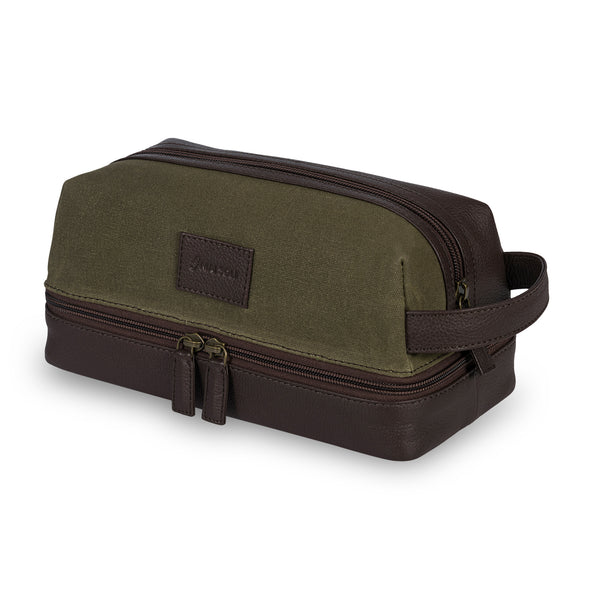 Waxed Canvas & Leather Toiletry Bag - Moss Green / Brown