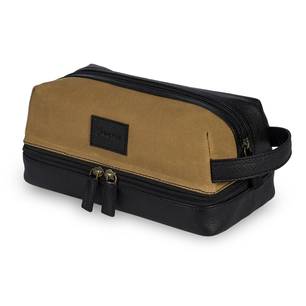 Waxed Canvas & Leather Toiletry Bag - Khaki / Black – Mai Soli