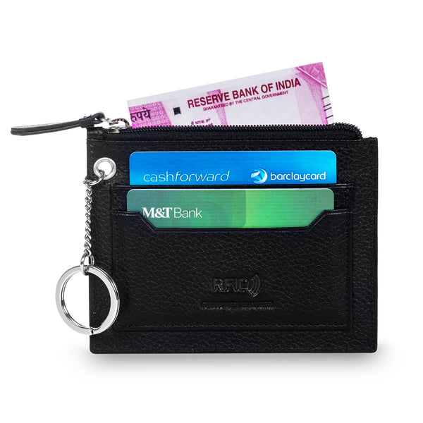 Gusty RFID Protected Genuine Leather Wallet with Key Ring - Black