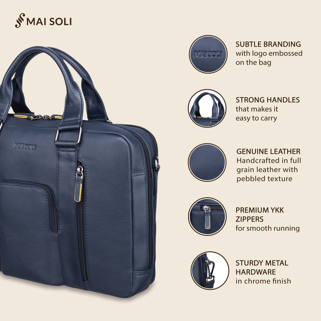 Chester Double Zip Laptop Bag - Navy Blue – Mai Soli