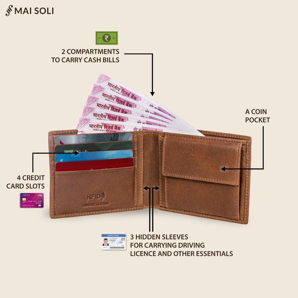 Ranger RFID Protected Bifold Wallet with Coin Pocket - Brown