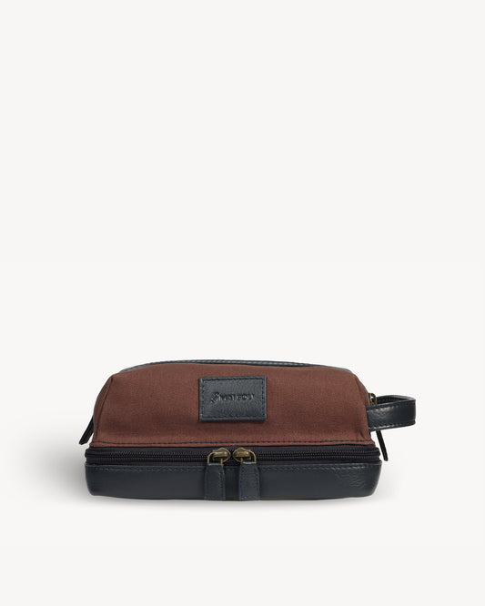 Canvas & Leather Small Toiletry Bag - Navy / Brown