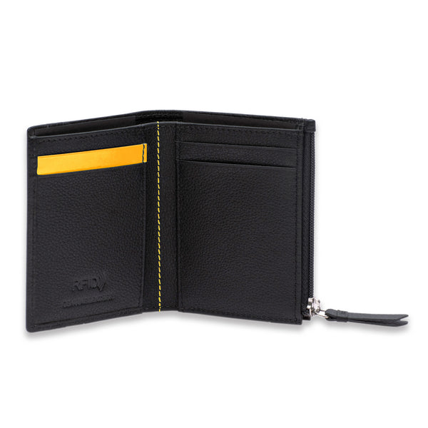 Neo Leather Two Fold Wallet with zip pocket - Black / Yellow