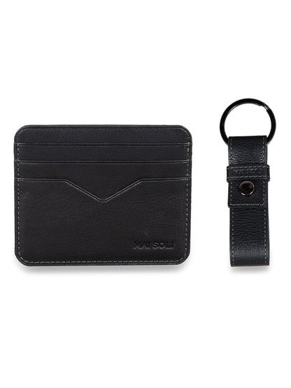 Leather Card Holder + Leather Key Ring Gift set - Black