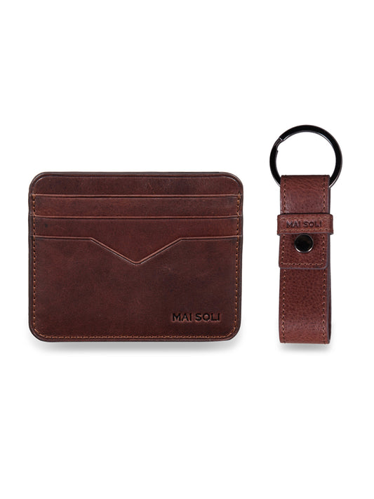 Leather Card Holder + Leather Key Ring Gift set - Brown