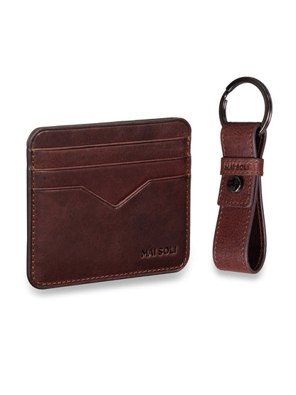 Leather Card Holder + Leather Key Ring Gift set - Brown