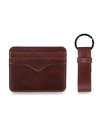 Leather Card Holder + Leather Key Ring Gift set - Brown