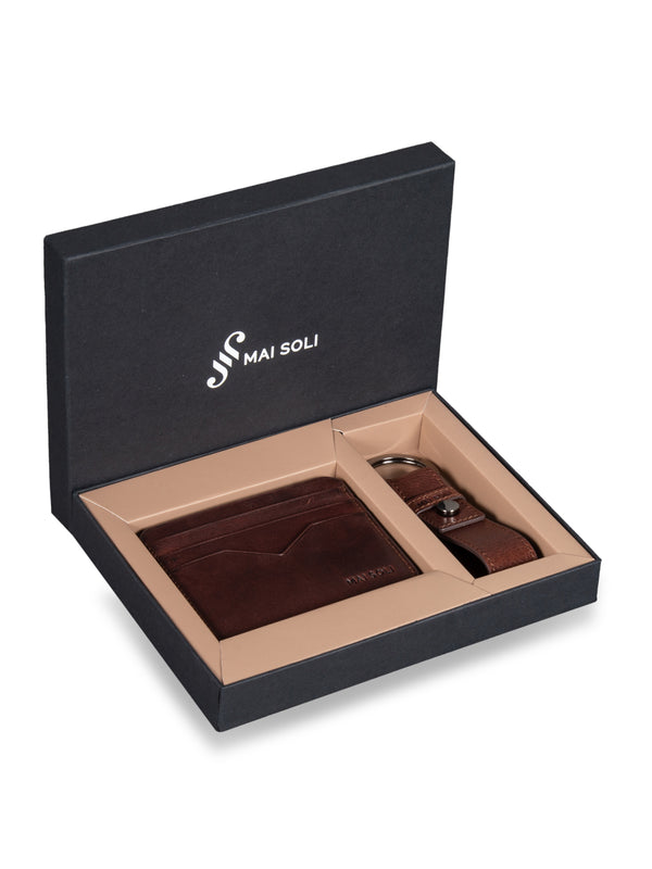 Leather Card Holder + Leather Key Ring Gift set - Brown