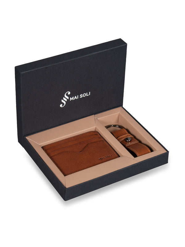 Leather Card Holder + Leather Key Ring Gift set - Tan