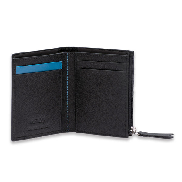 Neo Leather Two Fold Wallet with zip pocket - Black / Blue